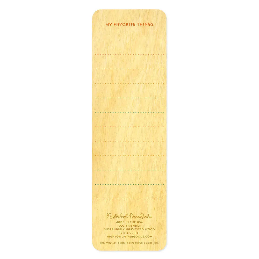 Sunny Camp Wood Bookmark showing lined back side for listing favorite things on sustainable birch wood.