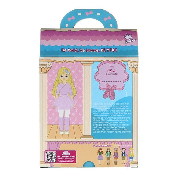Packaging for a ballet doll featuring a girl in a pink tutu and wraparound cardigan with ballet accessories and a friendly message.