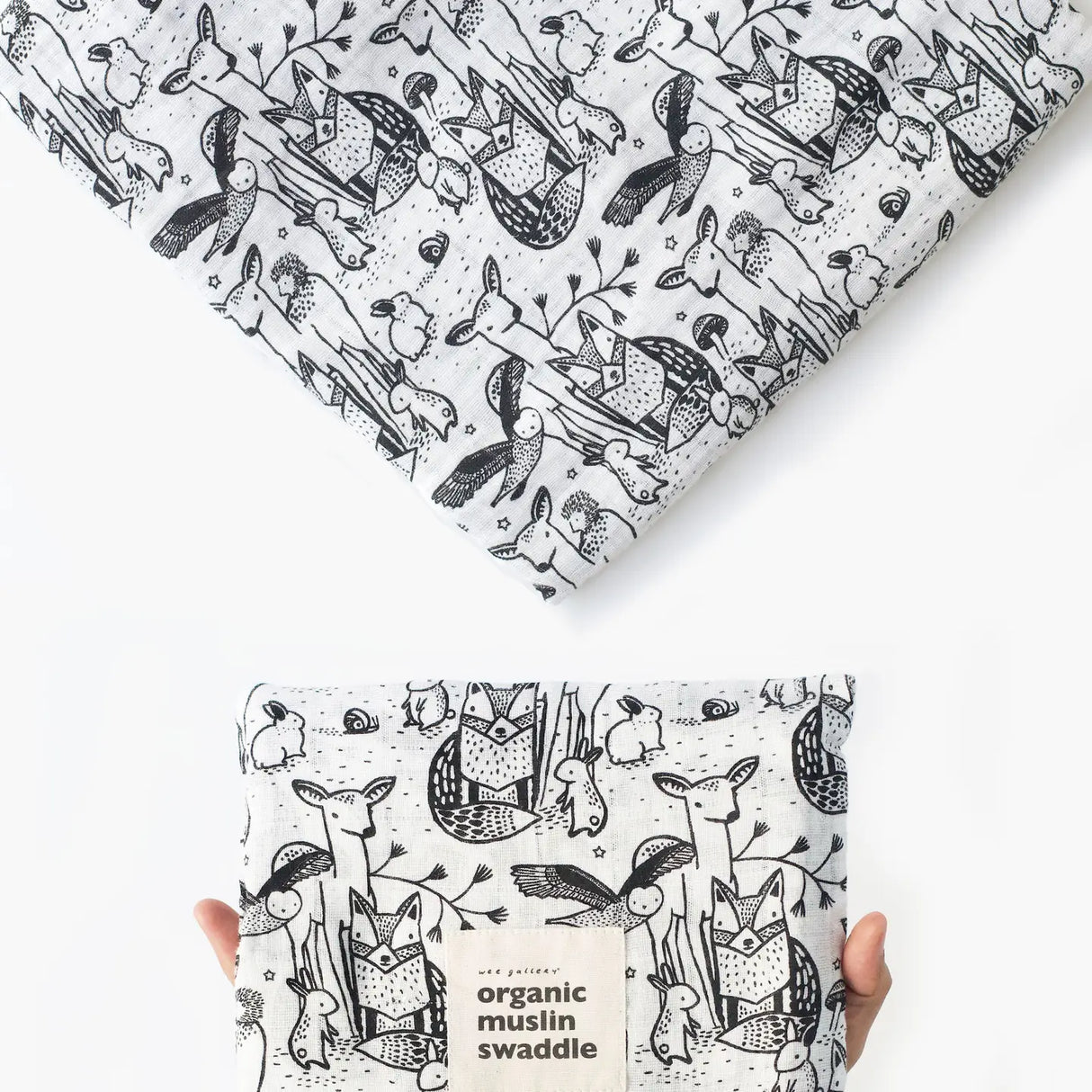 Organic Muslin Swaddle | Forest showing black and white animal prints on 100% organic cotton muslin fabric.