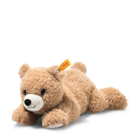 Brown Bear Barny plush lying on its tummy with soft fur and friendly expression, perfect for naps and cuddles.