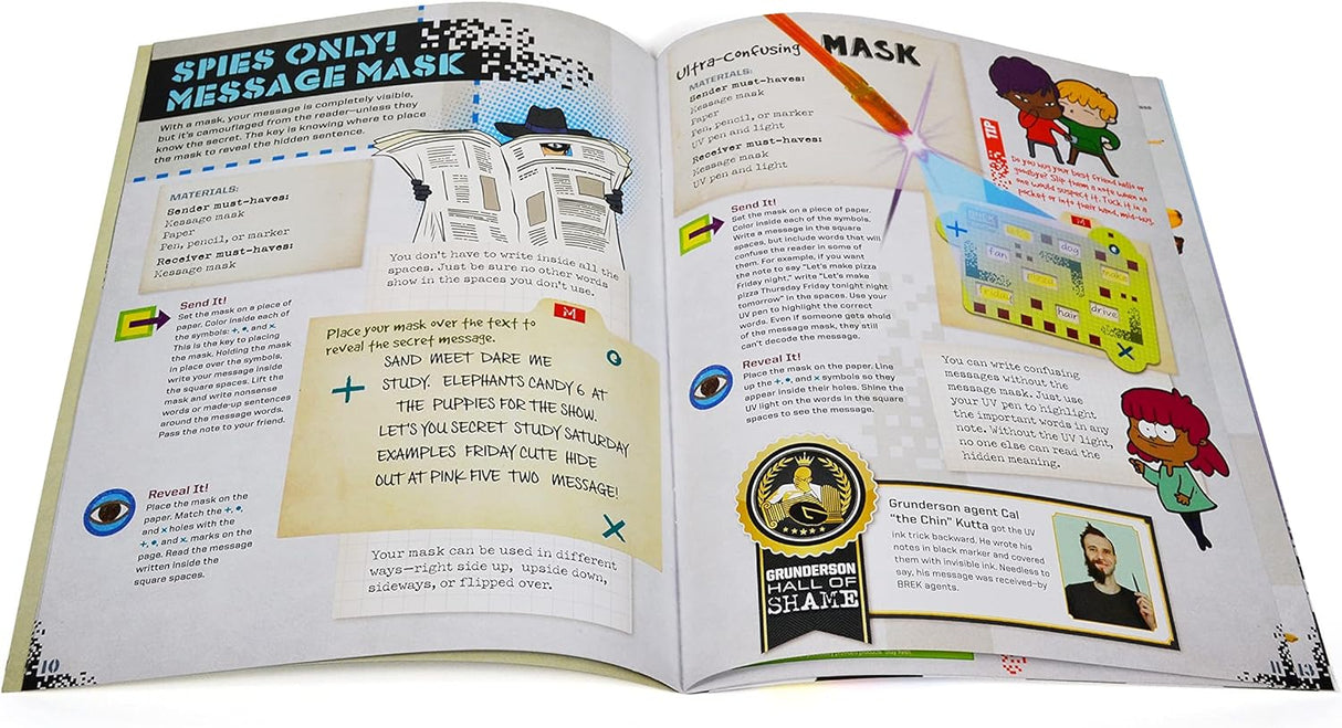 Open book showing colorful spy-themed pages with secret messages, invisible ink, and cipher instructions for kids.