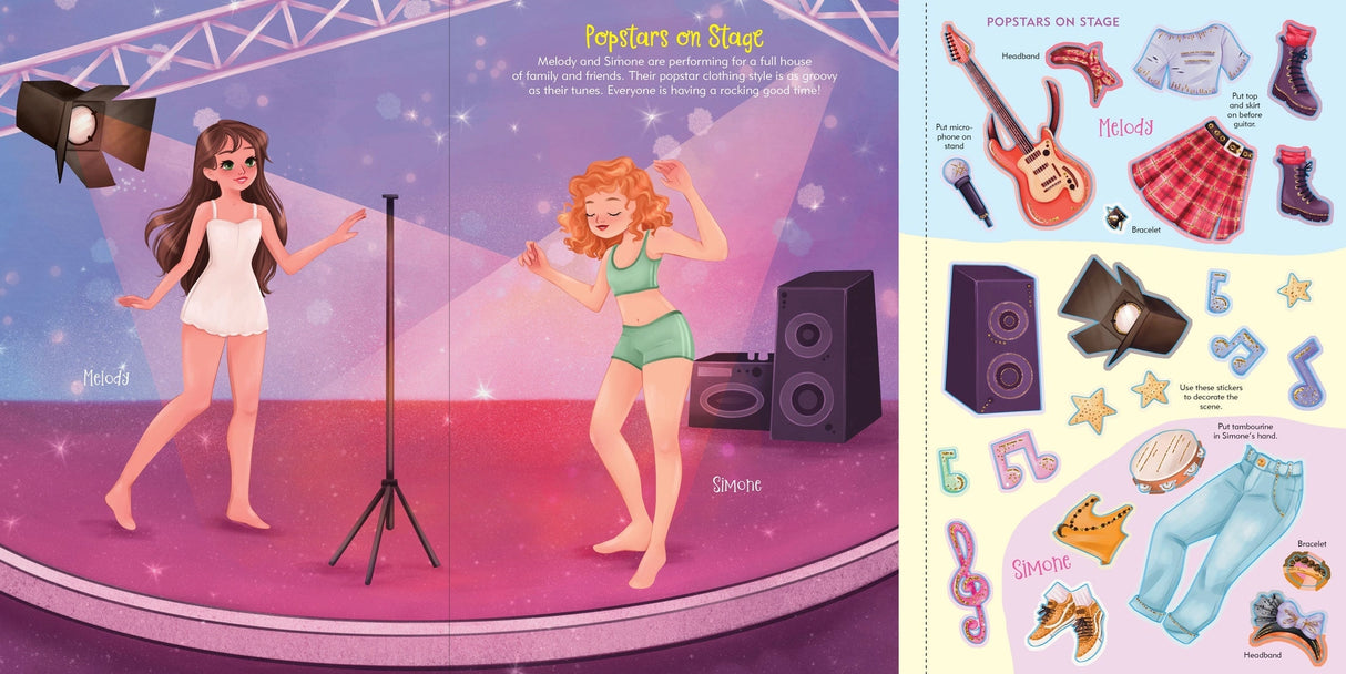Two illustrated characters in underwear on stage with microphone and speakers, alongside dress-up stickers of clothes and accessories