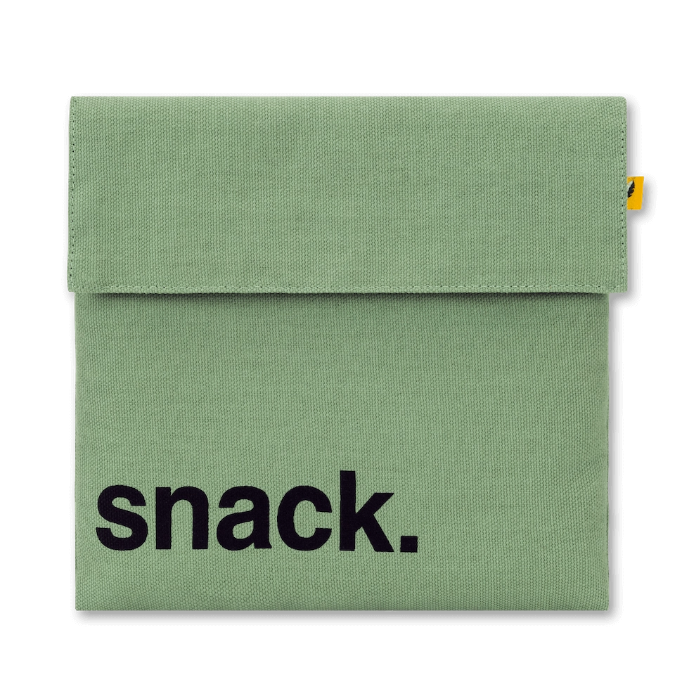 Reusable organic snack bag in moss green with hook and loop closure, washable and eco-friendly design