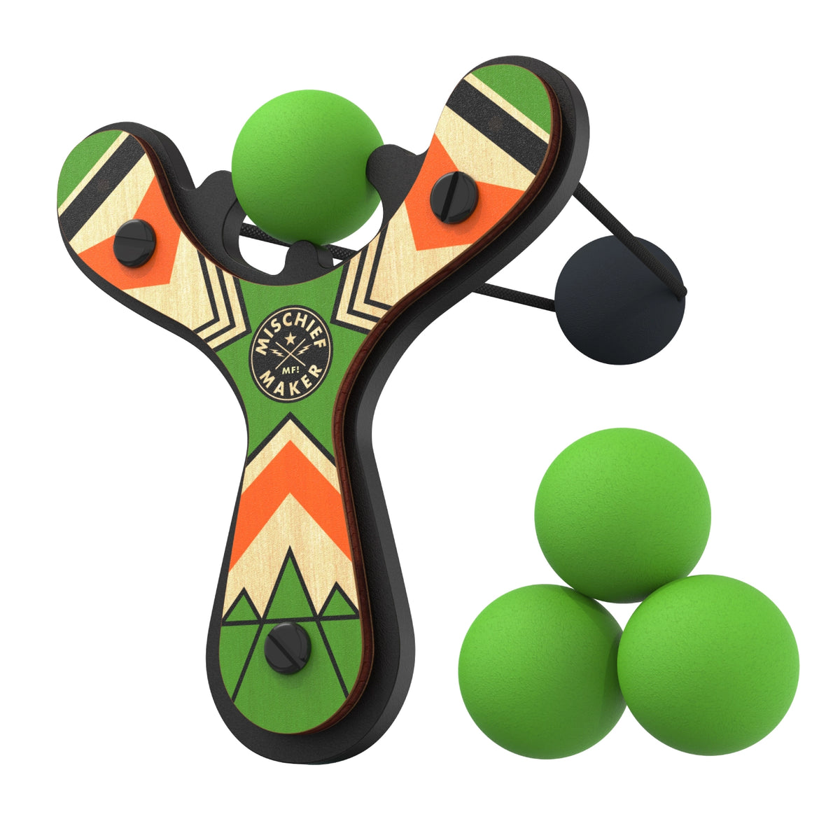 Slingshot Green toy with colorful wooden frame three green balls and black elastic bands