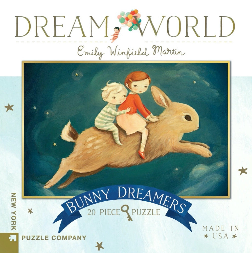 20pc Mini Bunny Dreamers Puzzle featuring children riding a giant bunny in a dreamy night sky by Emily Winfield Martin.