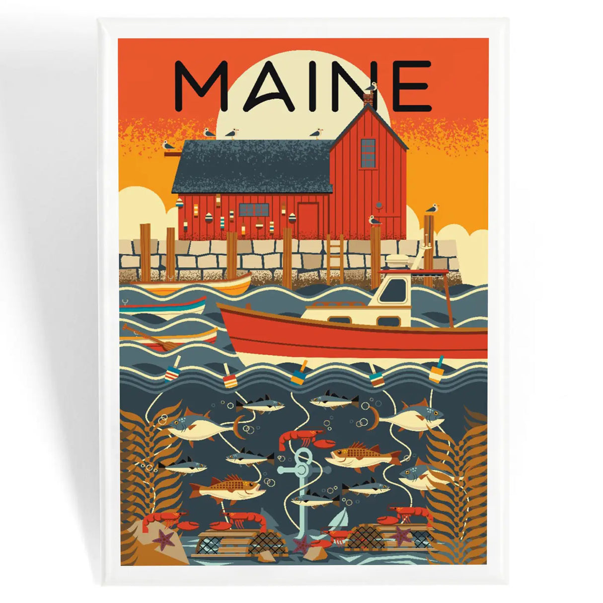 Maine Nautical Geometric Magnet showing a red fishing shack, boat, and marine life with eco-friendly materials and strong magnet.