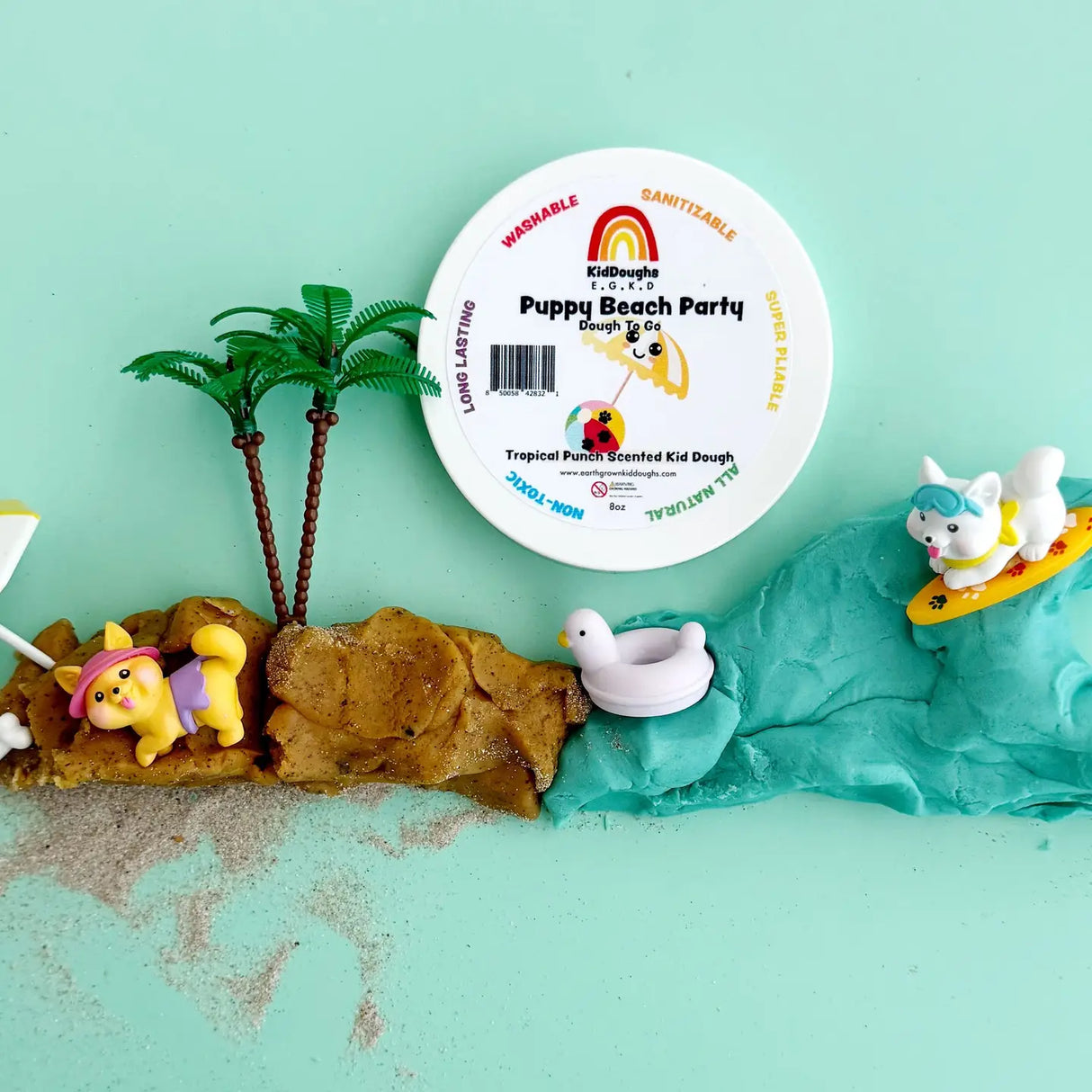 KidDough To Go | Puppy Beach Party with sensory dough and puppy figurines at a playful beach scene.