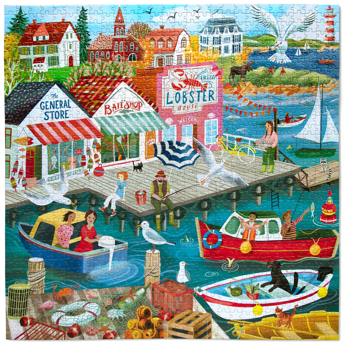 1000pc New England Wharf Puzzle featuring a colorful coastal harbor with shops boats and waterfront scenes