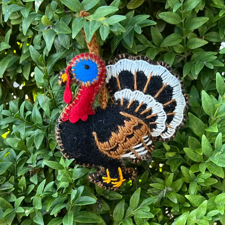 Turkey Embroidered Ornament featuring colorful embroidery and plush wool body, handmade in Peru for holiday decor.