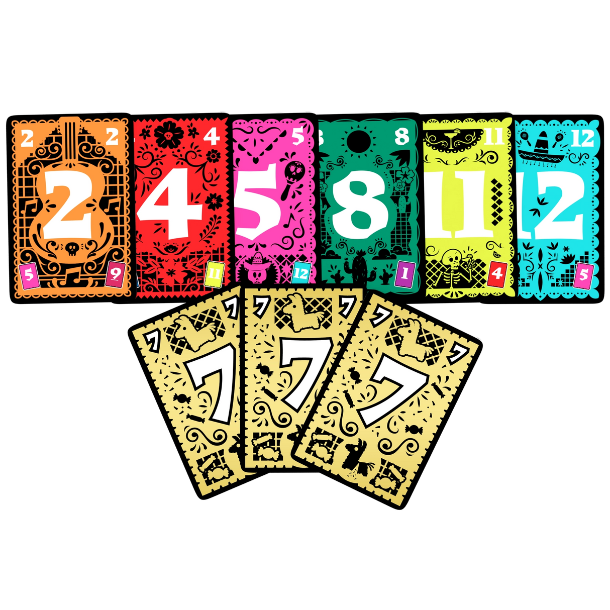 Trio card game featuring colorful numbered cards with unique designs for 3-6 players aged 8+, play time 15 minutes.