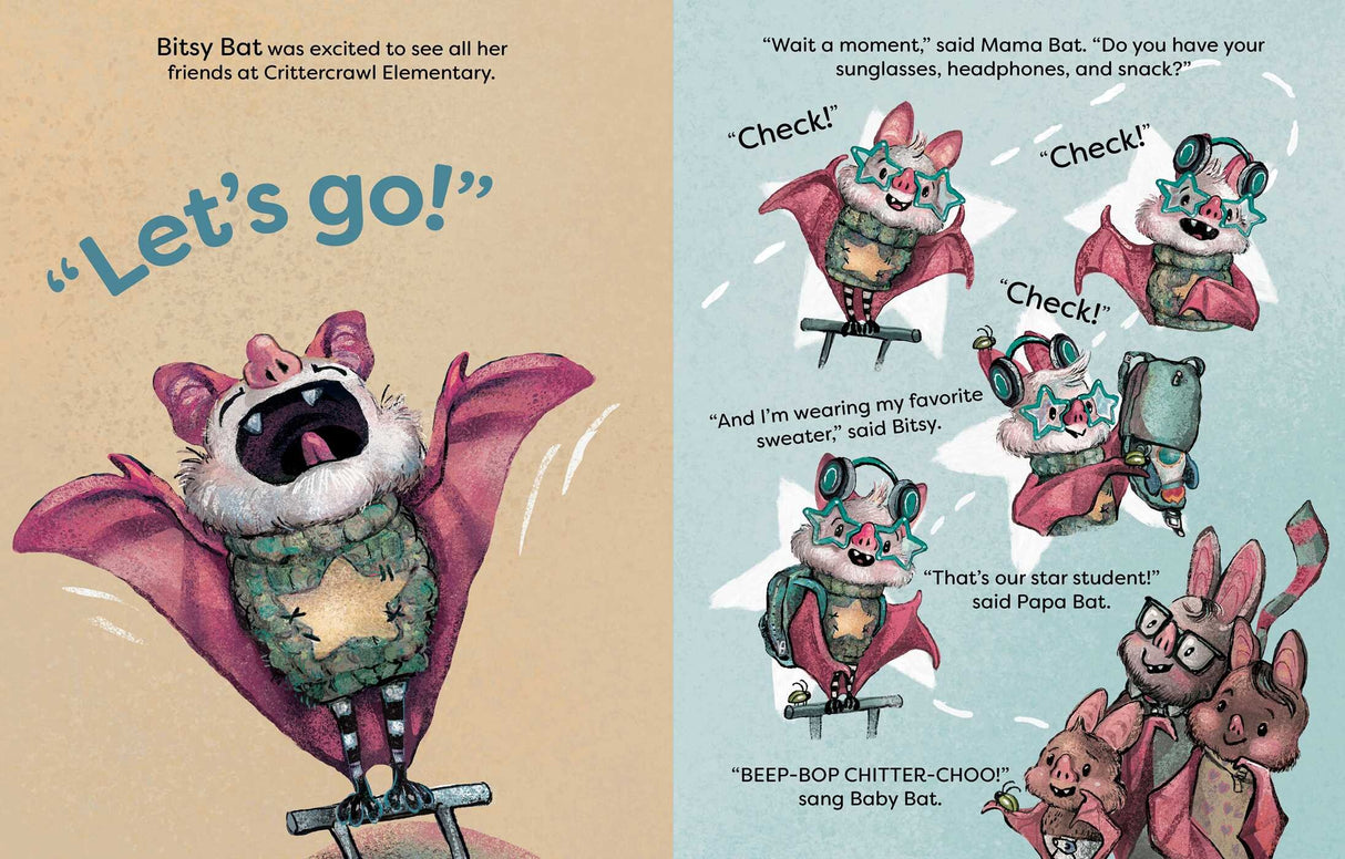 Bitsy Bat excitedly rides a scooter and prepares for school in the illustrated book Bitsy Bat, Team Star.