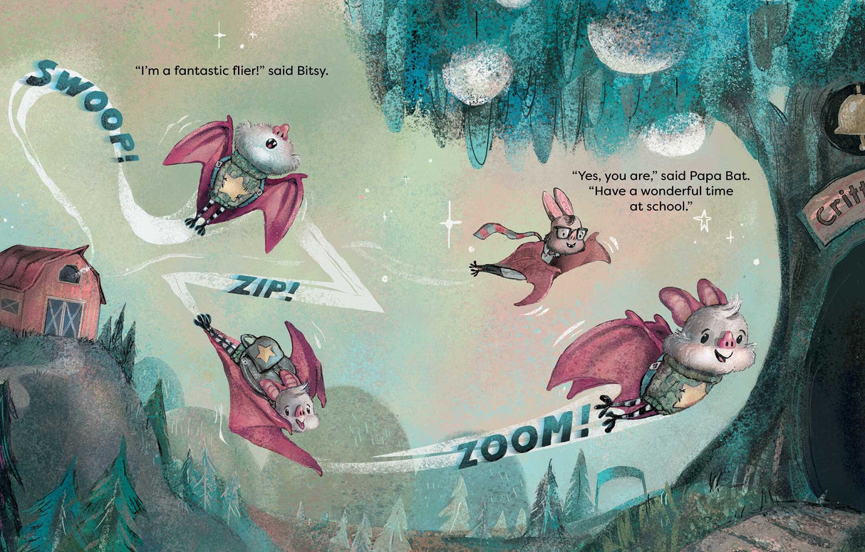 Illustration from Bitsy Bat, Team Star showing Bitsy flying with friends, celebrating teamwork and friendship at school.