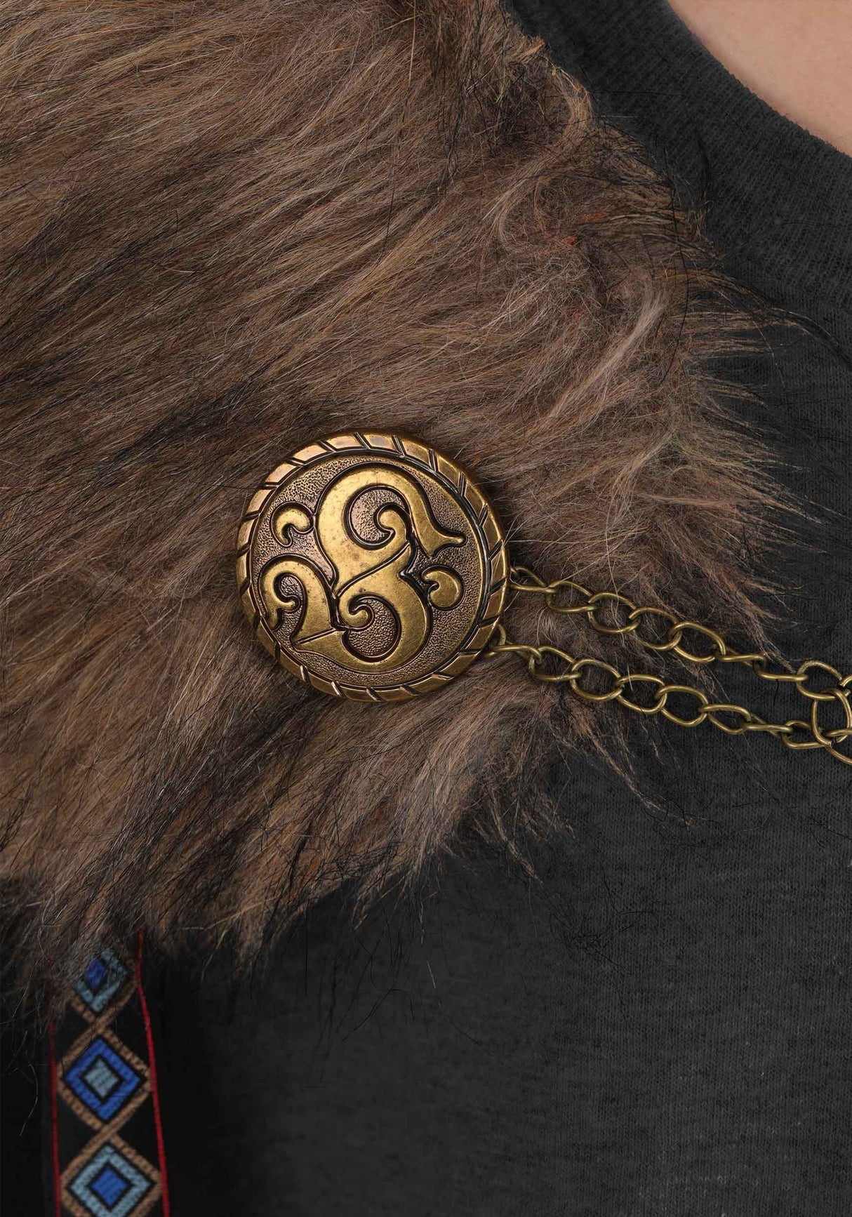 Black Faux Fur Viking Cape with ornate clasp and chain