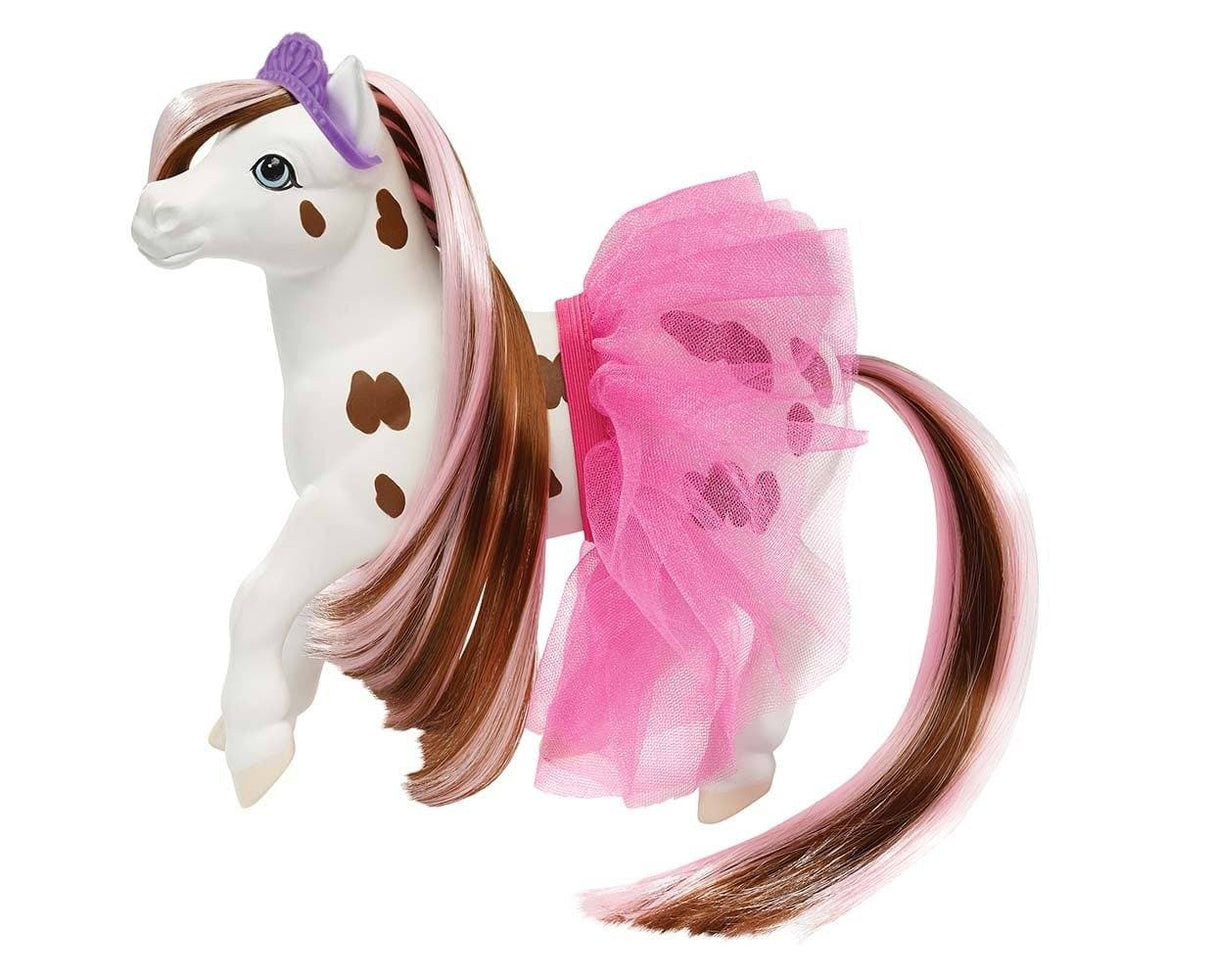 Blossom Color Change Horse with brown spots, long pink and brown hair, wearing a pink tutu and purple tiara.