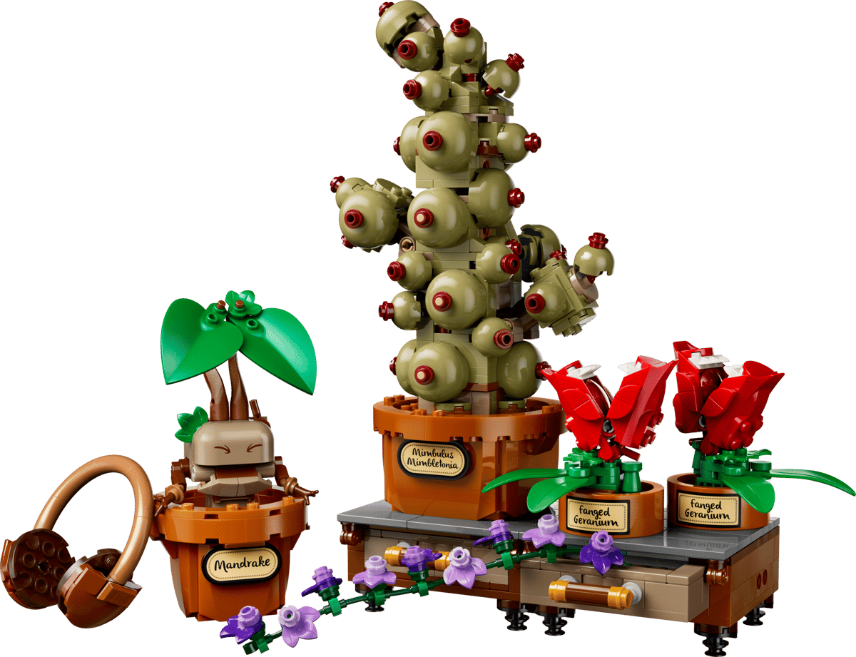 Harry Potter Hogwarts Herbology Plants display with whimsical potted magical plants and gardening accessories