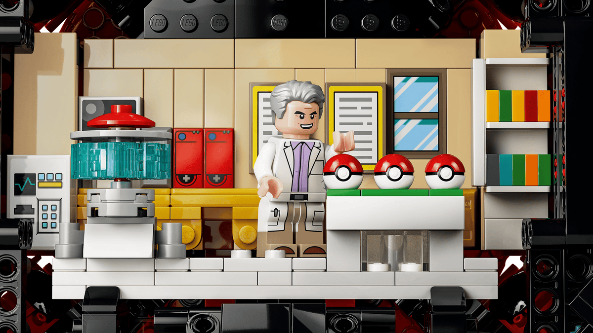 Pokemon Iconic Trainer Moments Poke Ball with a scientist and three Poké Balls in a laboratory scene