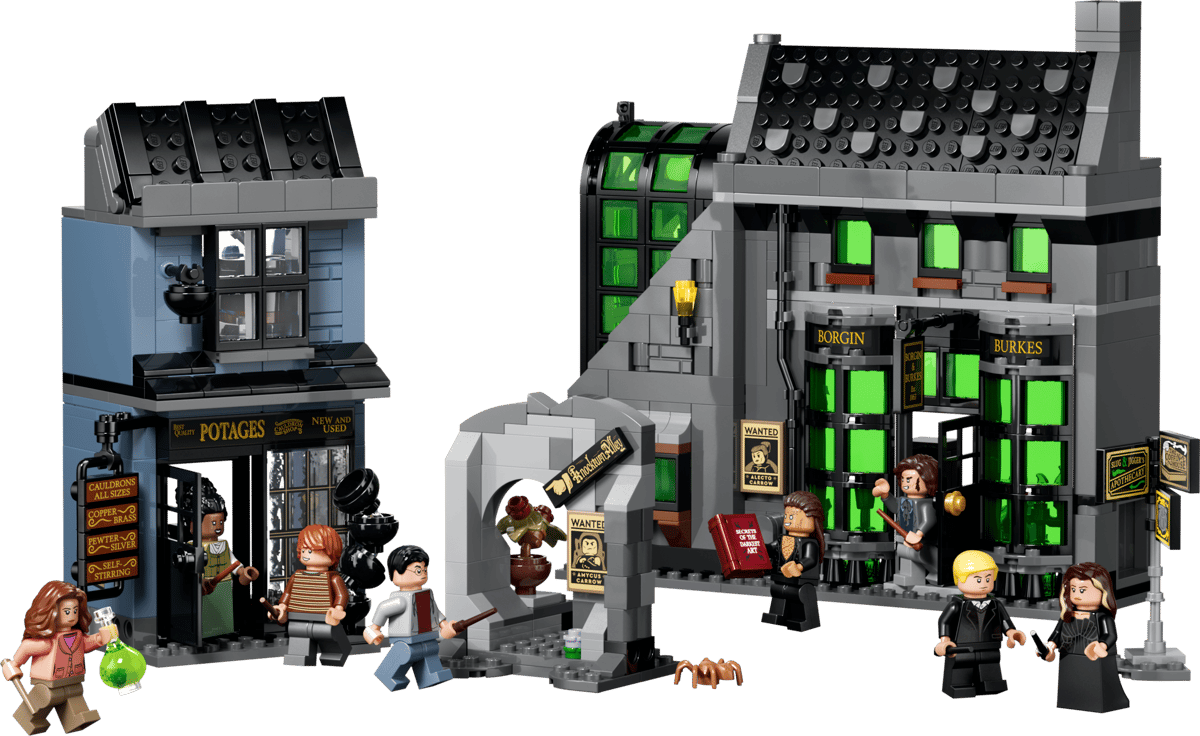 Harry Potter Knockturn Alley Wizarding Shops building set with detailed storefronts and character figures