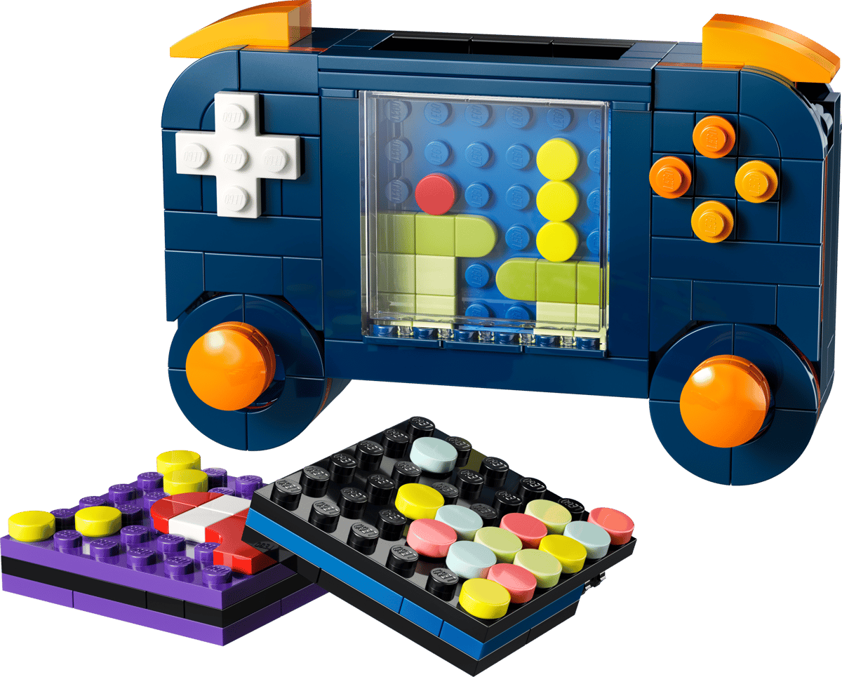 Creator Retro Gaming Console built with colorful bricks alongside a matching controller