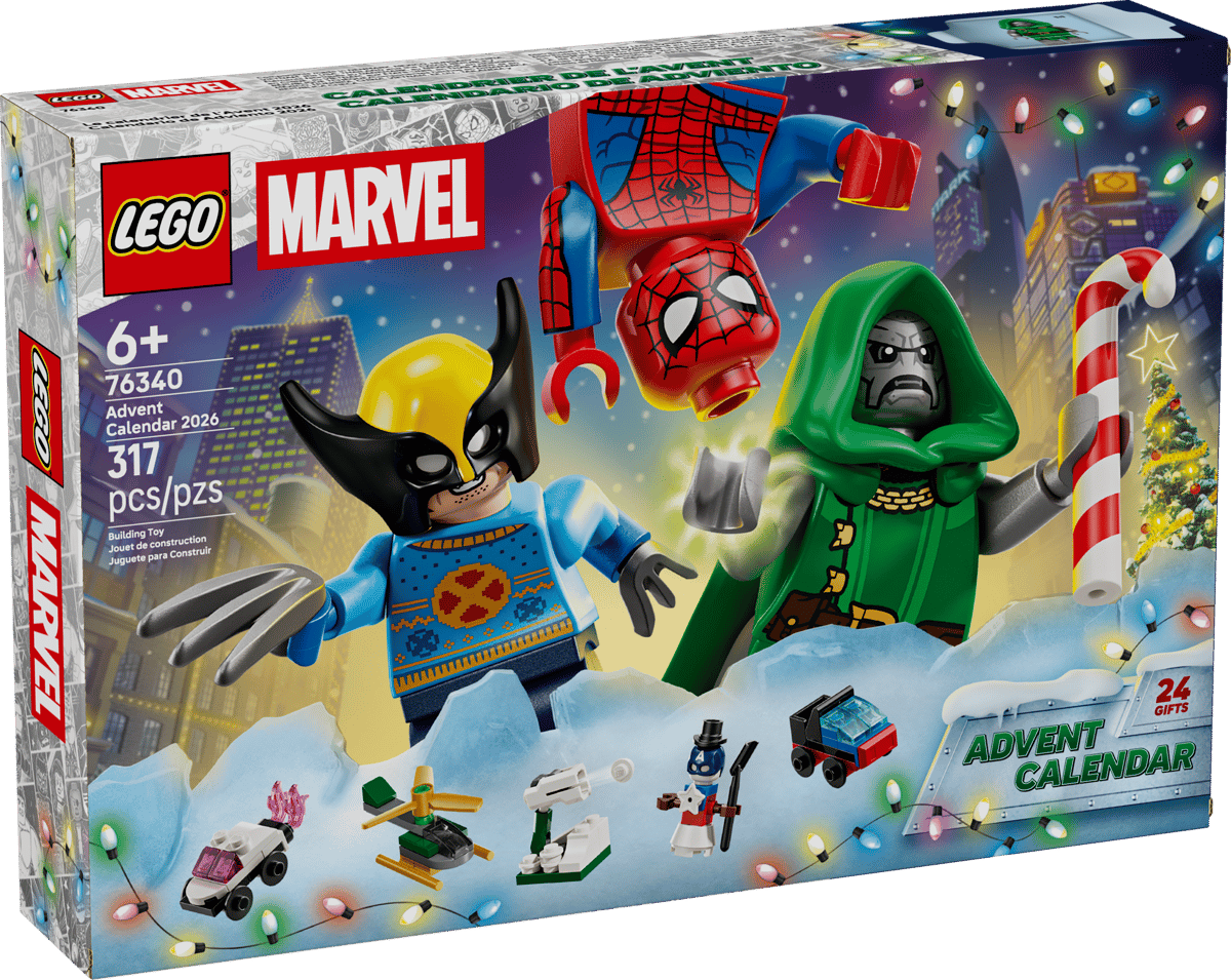 Super Heroes Marvel Advent Calendar 2026 featuring LEGO Marvel characters and festive holiday scenes