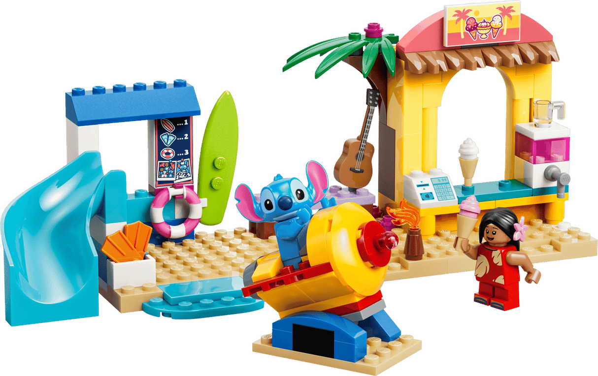 Disney Beach Fun with Lilo & Stitch beach play scene with slide surfboard kiosk and Stitch figure