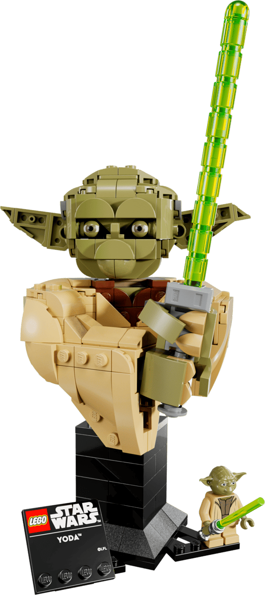 Star Wars Yoda Bust with Yoda holding a green lightsaber beside a smaller Yoda figure
