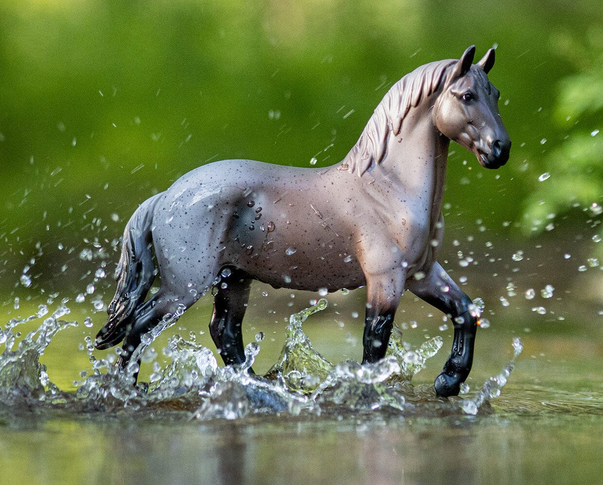 Blue Roan Brabant model horse splashing through water, detailed 1:12 scale draft horse figure from Freedom Series.