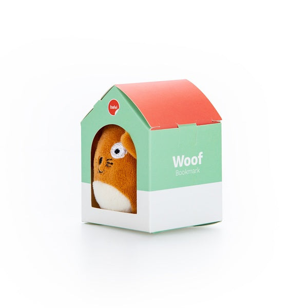 Soft dog-shaped bookmark in a green and red house-shaped box designed for practical and fun reading use