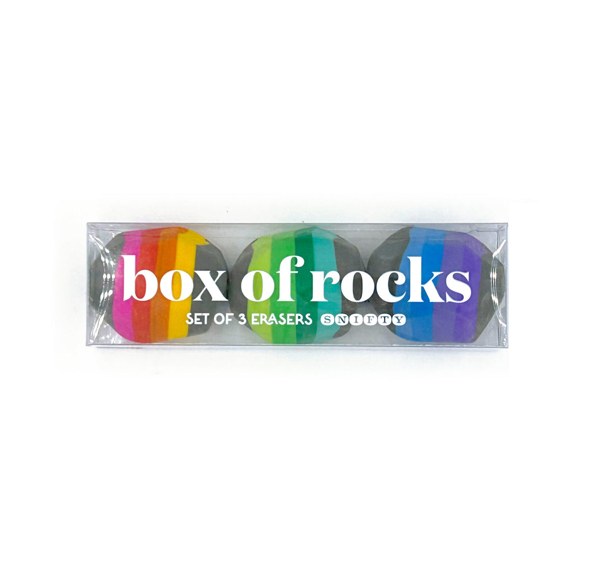 Box of Rocks Erasers set of three colorful rock-shaped erasers with striped middles for ages 3 and up.