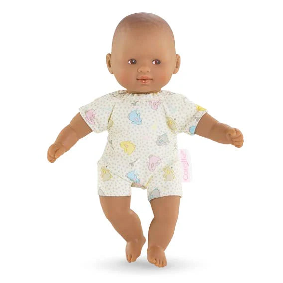 Calin Mini Brown Eyes doll with soft vinyl head and limbs, wearing a pastel animal print outfit, perfect for ages 18m+