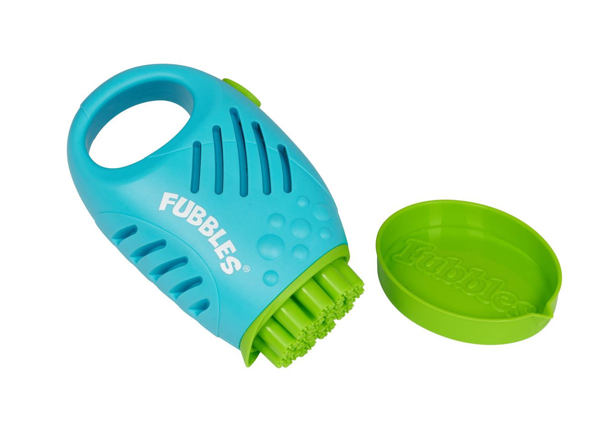 Fubbles Bubble Surge Mini Blaster bubble machine in blue with green dip tray, designed for easy bubble play.