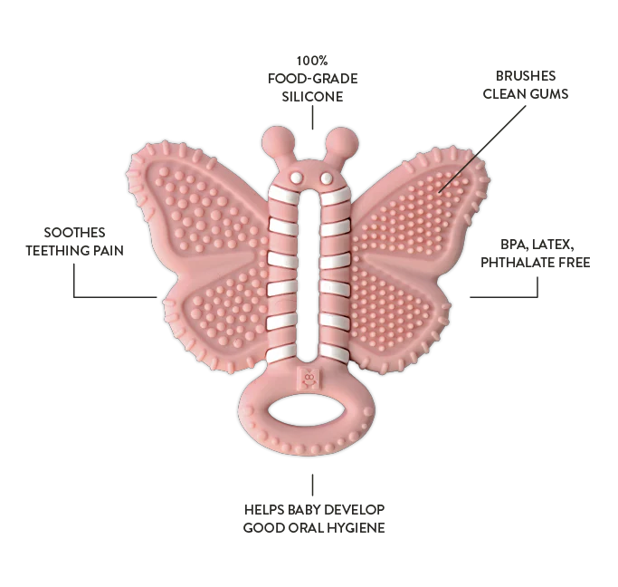 Toothbrush Teether | Butterfly Brush in pink with textured wings and handle designed for soothing baby gums.