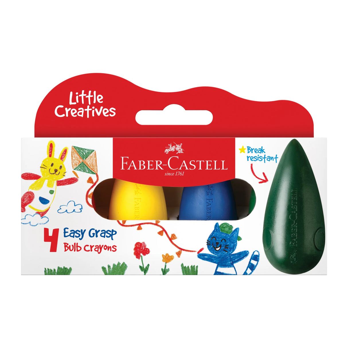 Little Creatives Easy Grasp Crayons vibrant bulb-shaped, easy grasp, break resistant crayons in red, yellow, green, and blue.