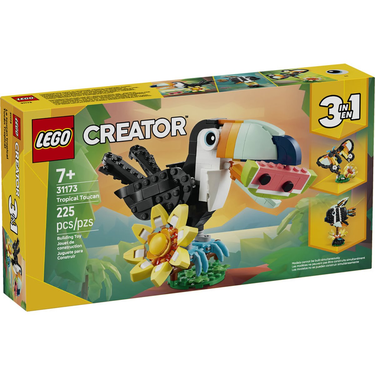 LEGO Creator Tropical Toucan building set with movable beak, wings, colorful tail feathers, flower, and watermelon slice.