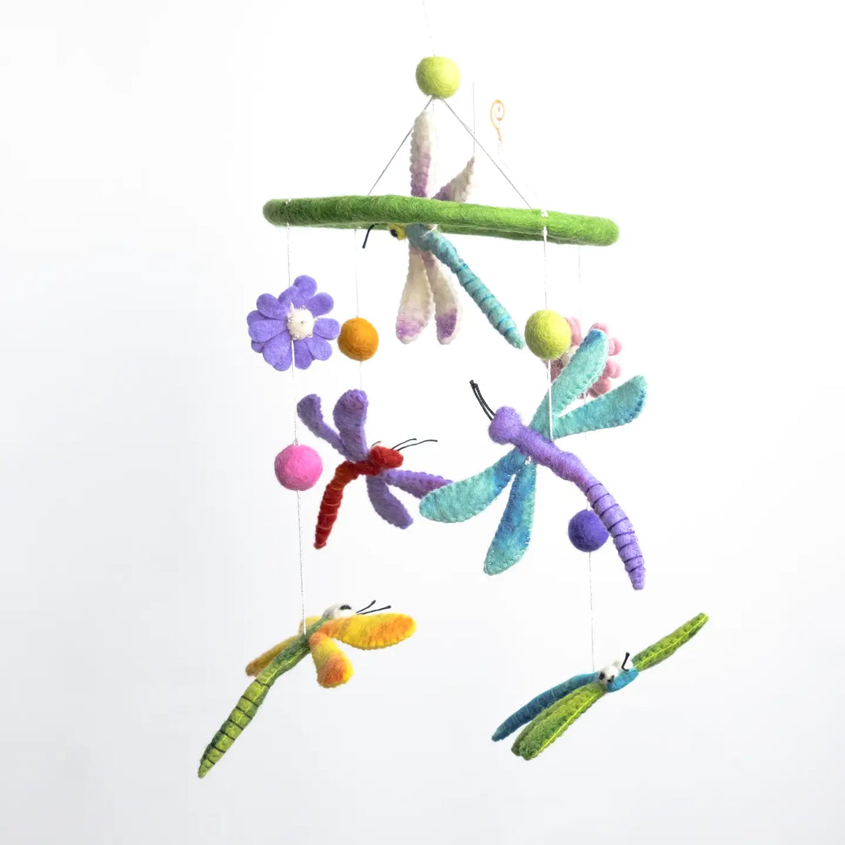 Felt Mobile | Dragonfly with colorful handmade felt dragonflies and flowers hanging from a green felt hoop for nursery decor.