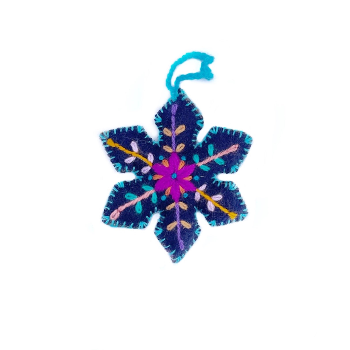 Colorful Snowflake Embroidered Ornament handmade in Peru with vibrant wool and thread embroidery, unique and festive decoration.