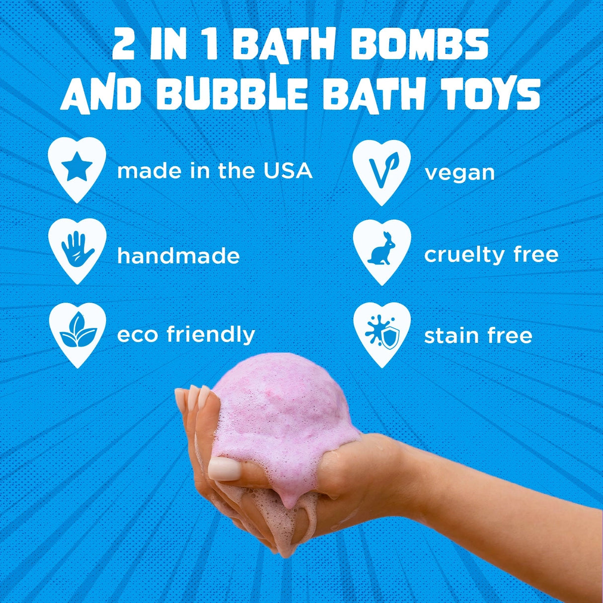 Hand holding a pink fizzy bath bomb with text highlighting 2 in 1 bath bombs and bubble bath toys features