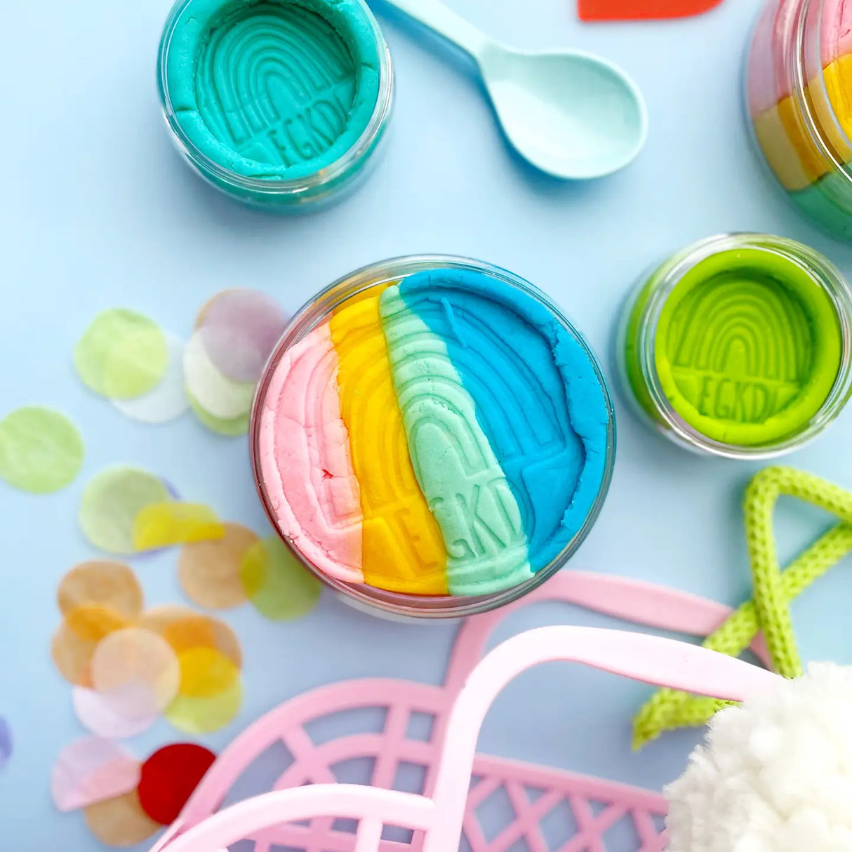 KidDough | Rainbow Sherbert pastel rainbow layers of rainbow sherbet scented sensory play dough in jars.