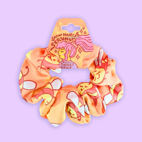 Honey Bee Hair Scrunchie made with satin fabric and elastic, gentle on hair, vibrant bee design from Turtle’s Soup.