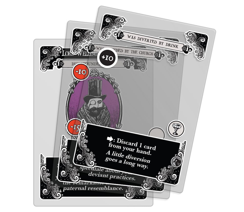 Three illustrated black and white cards with vintage style corners from Gloom 2nd Ed. game.