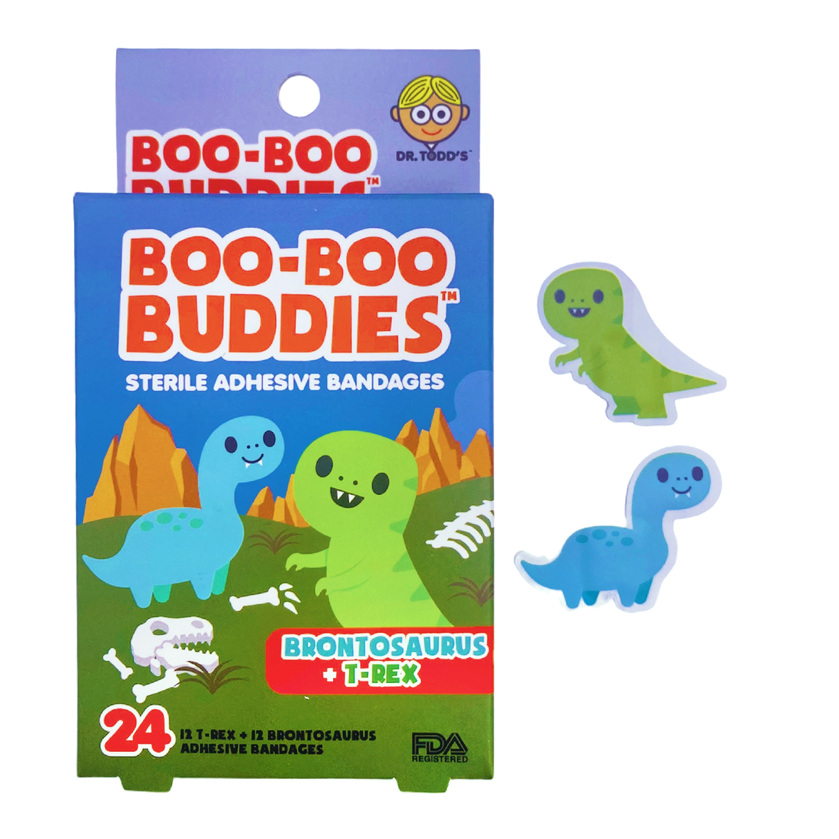 Brontosaurus & T-Rex Bandages featuring 24 waterproof sterile adhesive dinosaur-shaped bandages for kids' boo-boos.