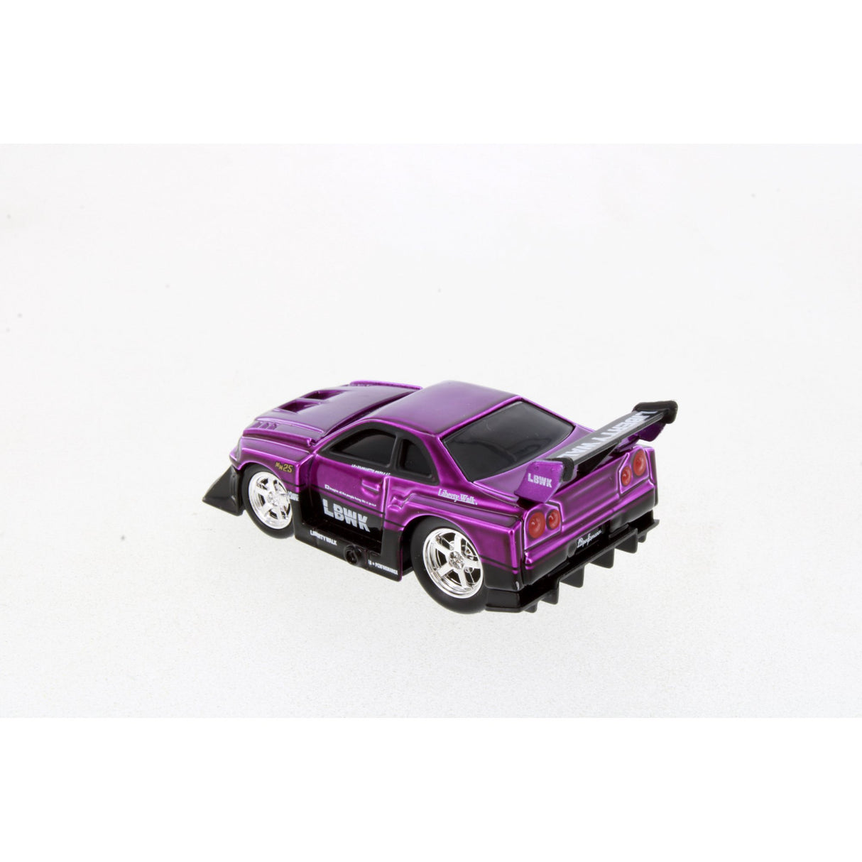 Purple 1:64 scale muscle car toy with black spoiler and racing decals on a white background