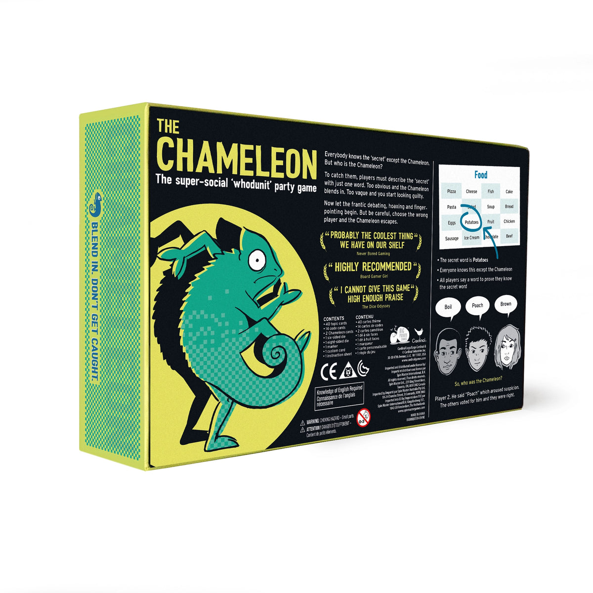 The Chameleon party game box featuring a colorful chameleon illustration
