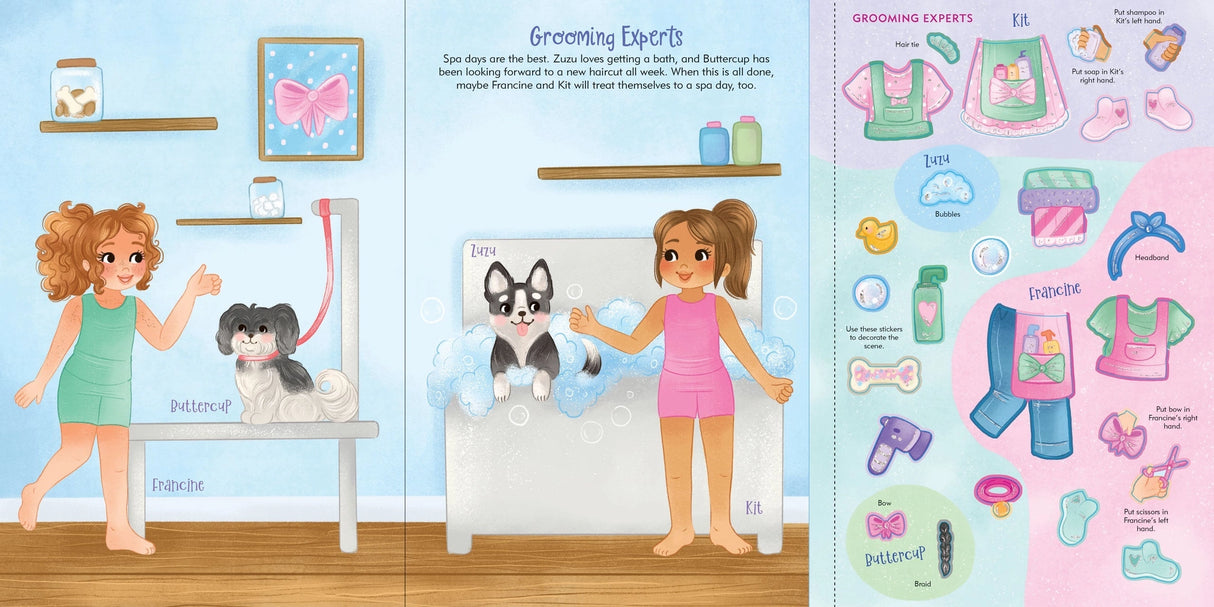 Two girls bathing and grooming puppies in a bright room with colorful grooming tools stickers on the side panel