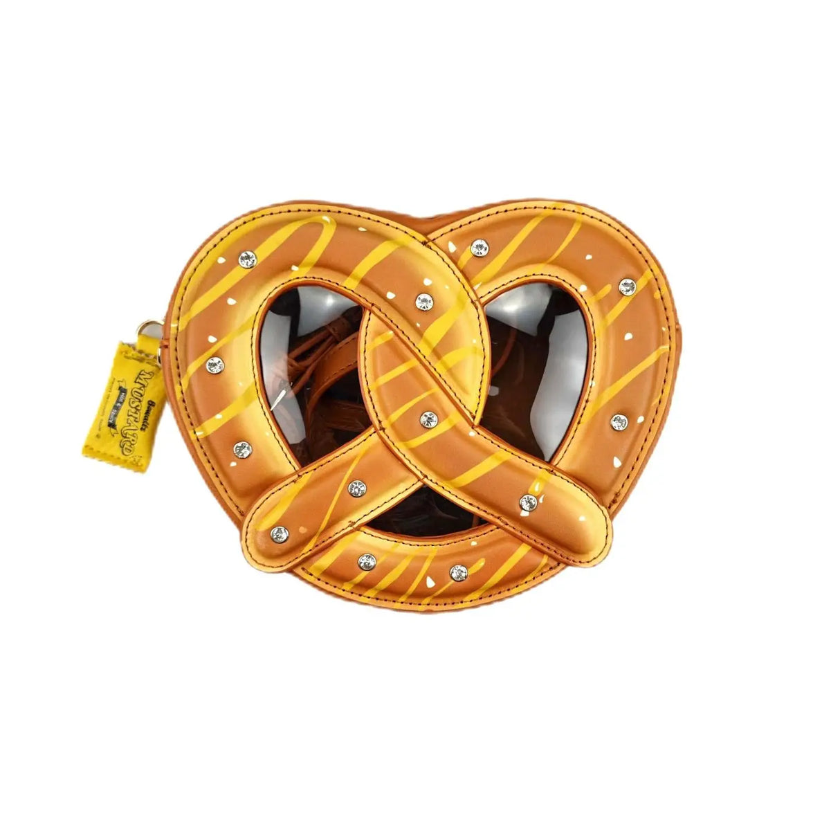 Handbag | Pretzel shaped crossbody bag with faux chocolate drizzle and glittery salt details, perfect for fun outings.