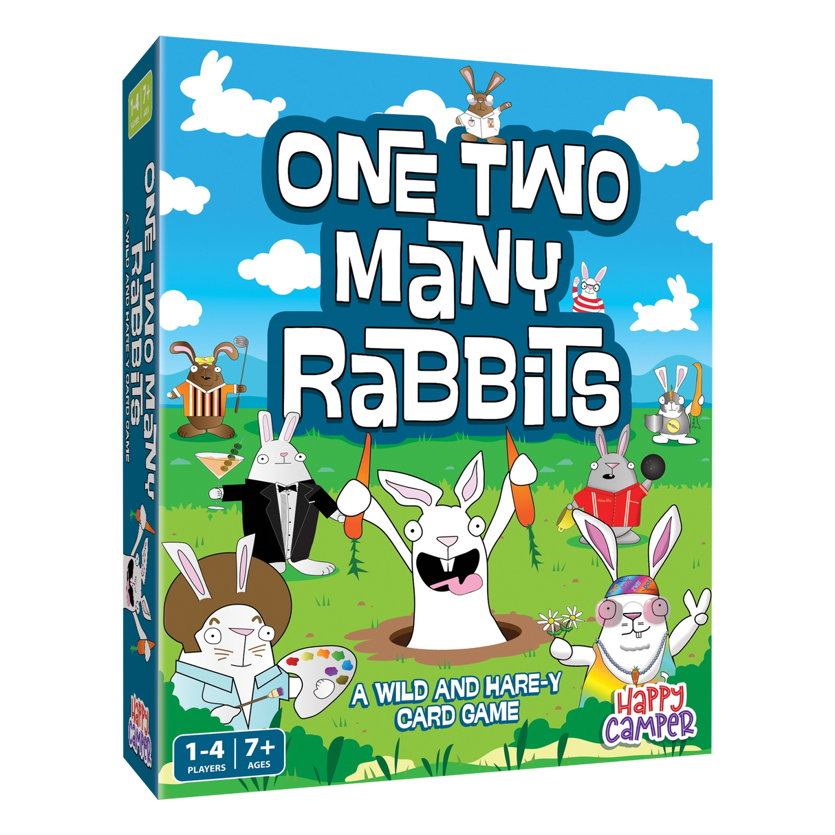 One Two Many Rabbits board game box with colorful cartoon rabbits on a bright blue sky and green grass background.