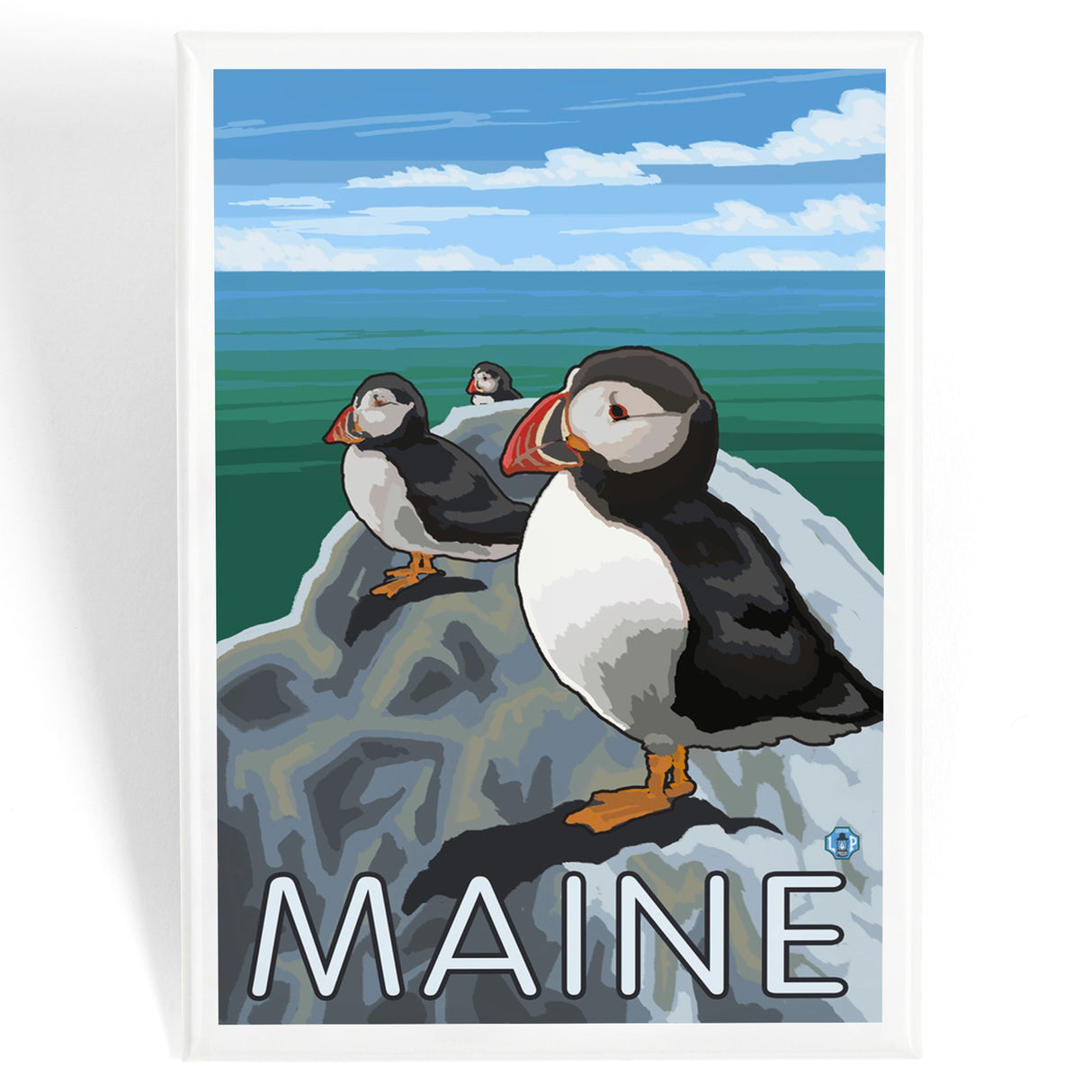 Maine Puffins Magnet featuring colorful puffin artwork on eco-friendly materials, made in USA, 2.5 x 3.5 inches.