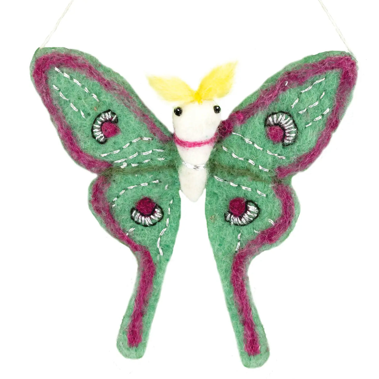 Luna Moth Felt Ornament with green and pink hand-felted wings and yellow antennae, made in Nepal, hanging decoration.