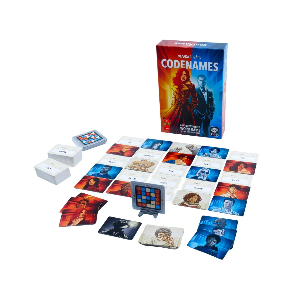 Codenames 2.0 game setup with cards, key card, timer, and box featuring updated artwork and revised word list.
