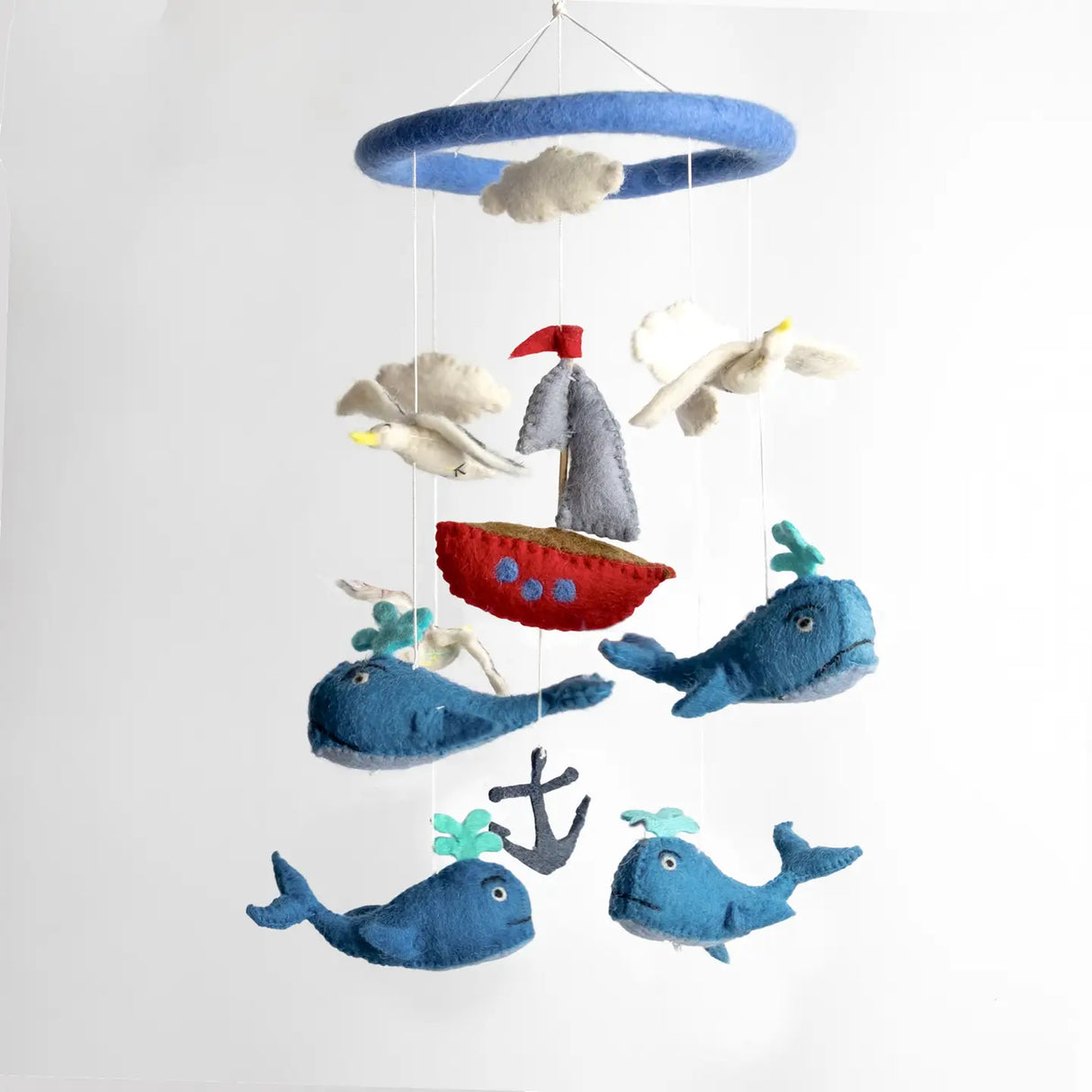 Felt Mobile | Whale & Sailboat hanging nursery decor with felt whales, sailboat, seagulls, and anchor in bright colors.