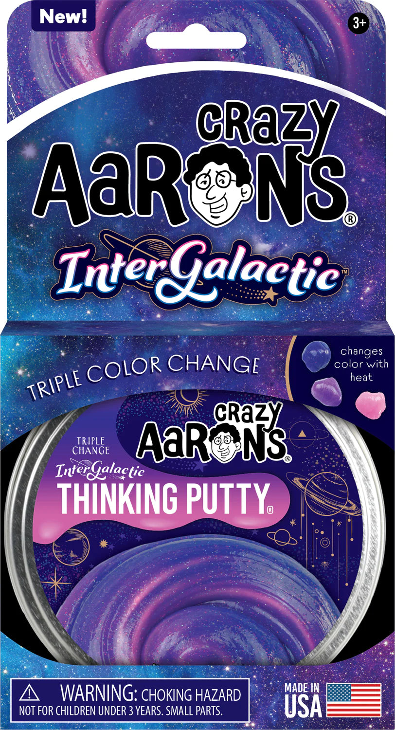 Crazy Aarons Intergalactic Thinking Putty with triple color change from space blue to pink, made in USA, nontoxic silicone toy.